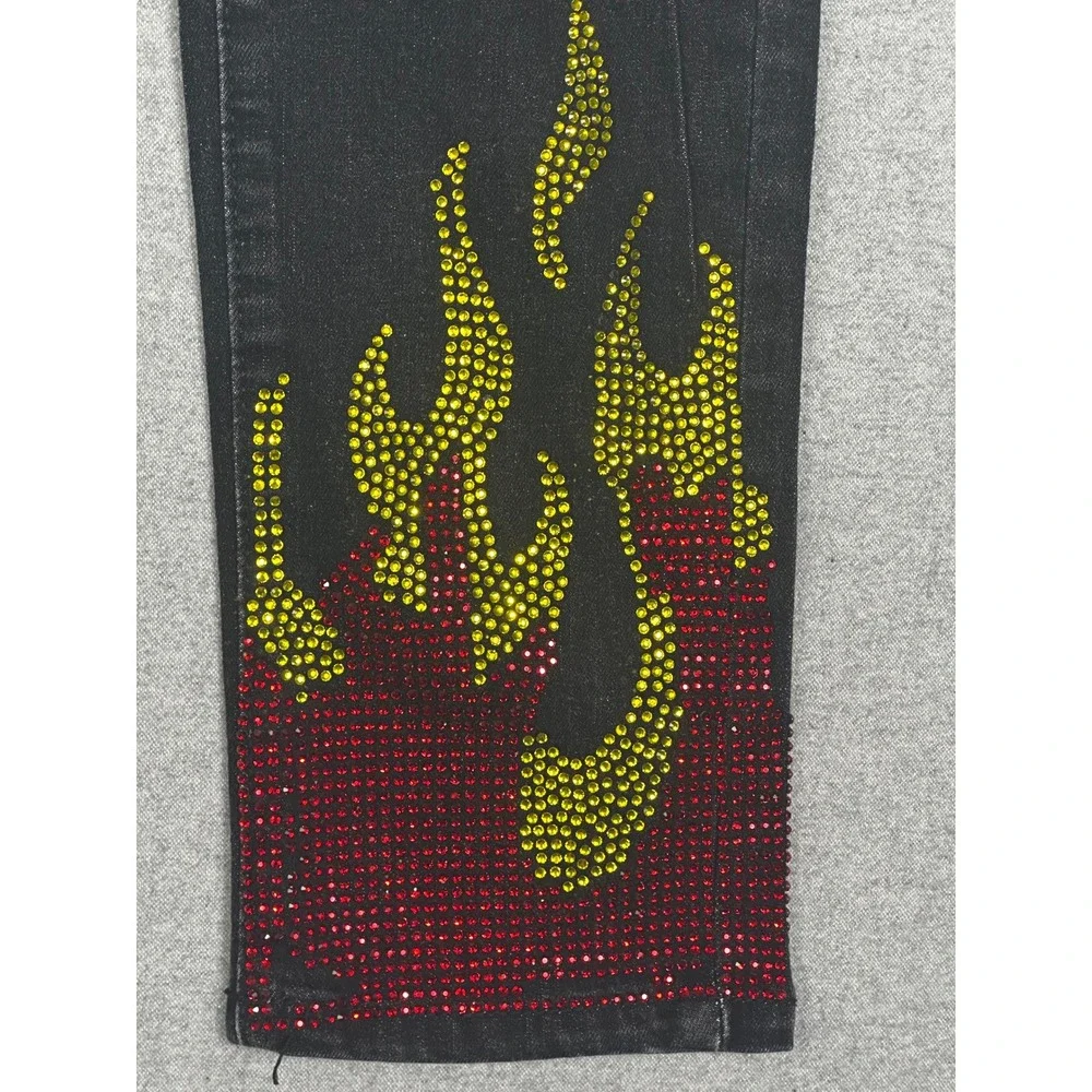 Always Lit Jeans 36x32 Black Rhinestone Jewel Flame Graphic R3bel Streetwear
